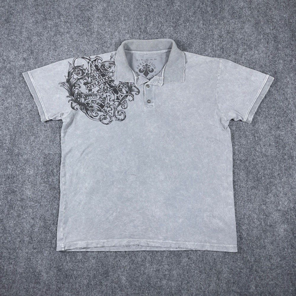 Affliction Polo Shirt Y2K Mens XL Gray Acid Wash Distressed Graphic Live Fast